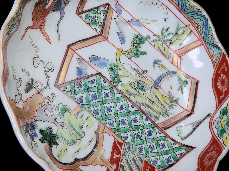 古伊万里　色絵　屏風図に双鶴の図　膾皿　５枚　D299AS-fbty