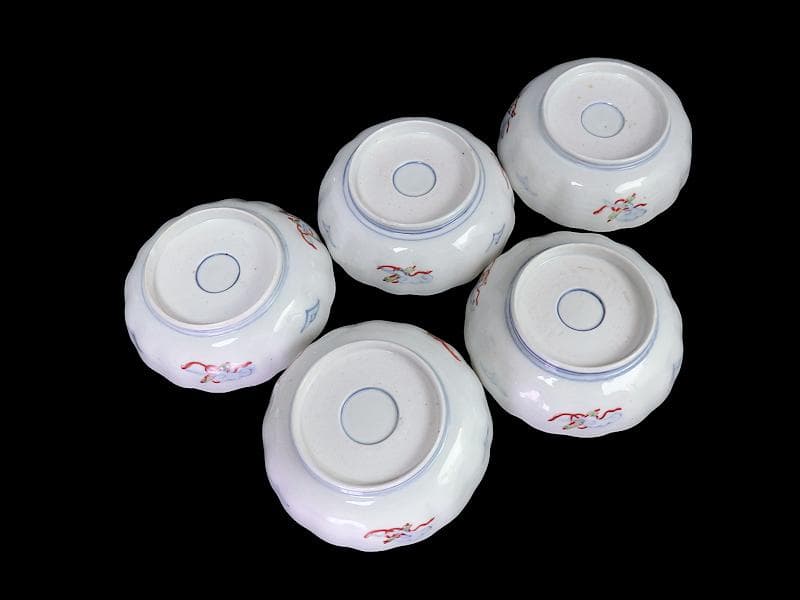 古伊万里　色絵　屏風図に双鶴の図　膾皿　５枚　D299AS-fbty