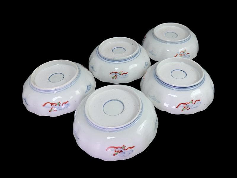 古伊万里　色絵　屏風図に双鶴の図　膾皿　５枚　D299AS-fbty