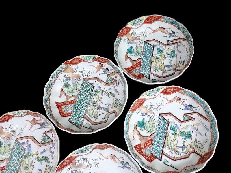 古伊万里　色絵　屏風図に双鶴の図　膾皿　５枚　D299AS-fbty