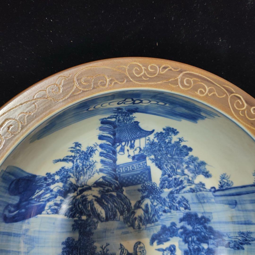 時代物　旧蔵　清国　大型　青花瓷 山水人物図　お皿　陶器　置物