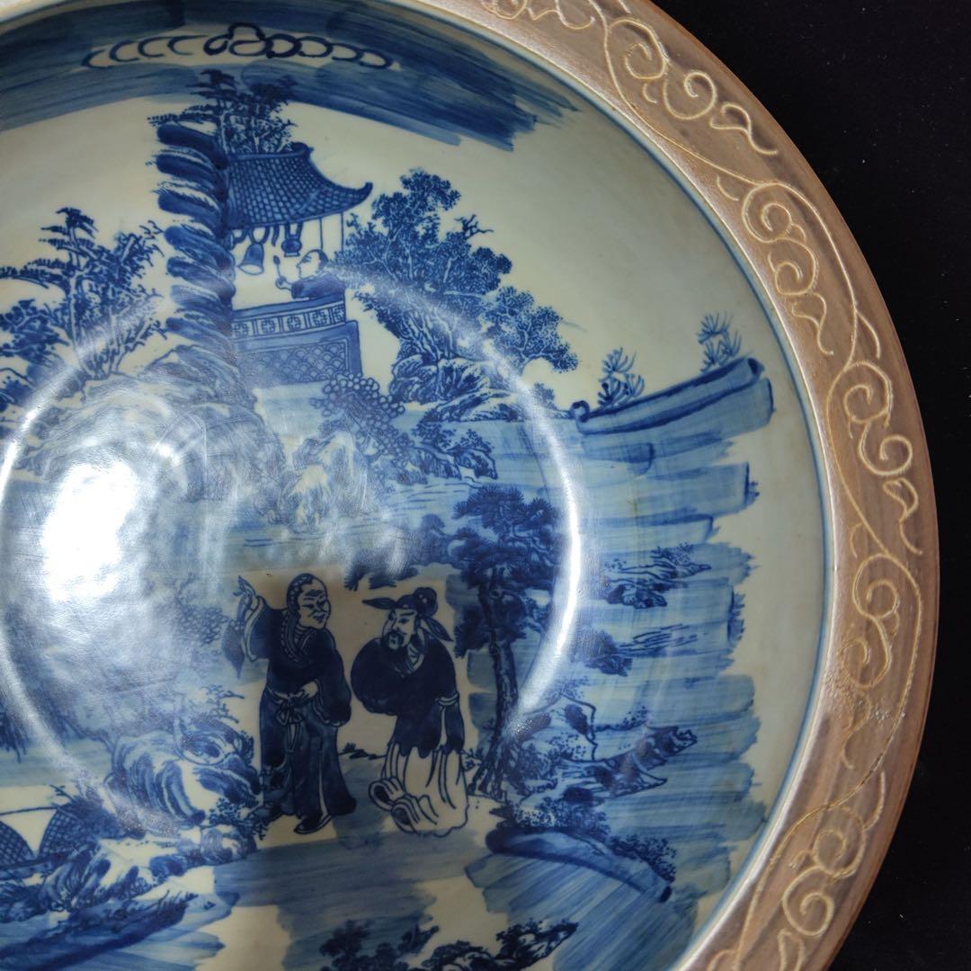 時代物　旧蔵　清国　大型　青花瓷 山水人物図　お皿　陶器　置物