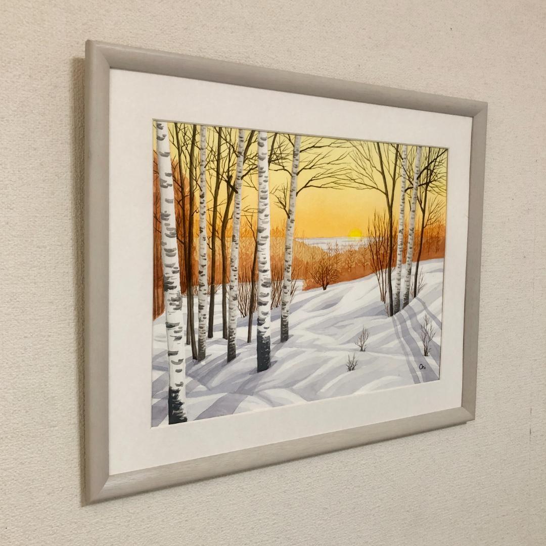 透明水彩画　原画　「雪原の朝焼け」額縁付　F6サイズ　風景画