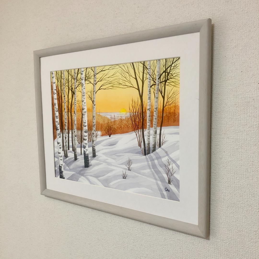 透明水彩画　原画　「雪原の朝焼け」額縁付　F6サイズ　風景画