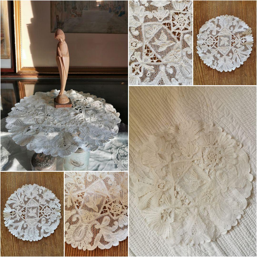 アンティーク 1880年頃 ミラネーゼレース 飛ぶ鳥 ボビン編リネンドイリー