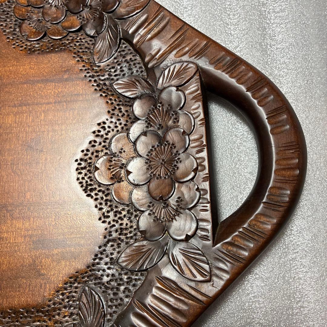 軽井沢彫　手付き盆　桜彫刻