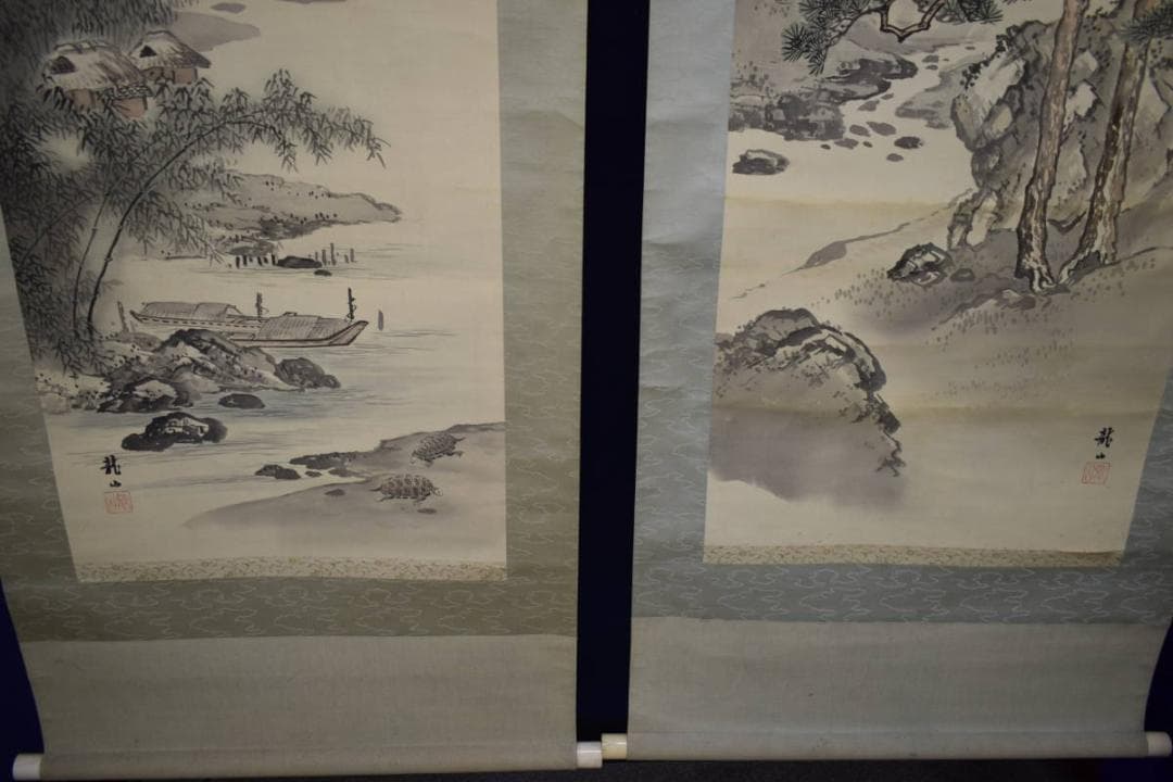 真作/石野龍山/山水屋形舟図/絹表装/双幅/布袋屋掛軸HH-877