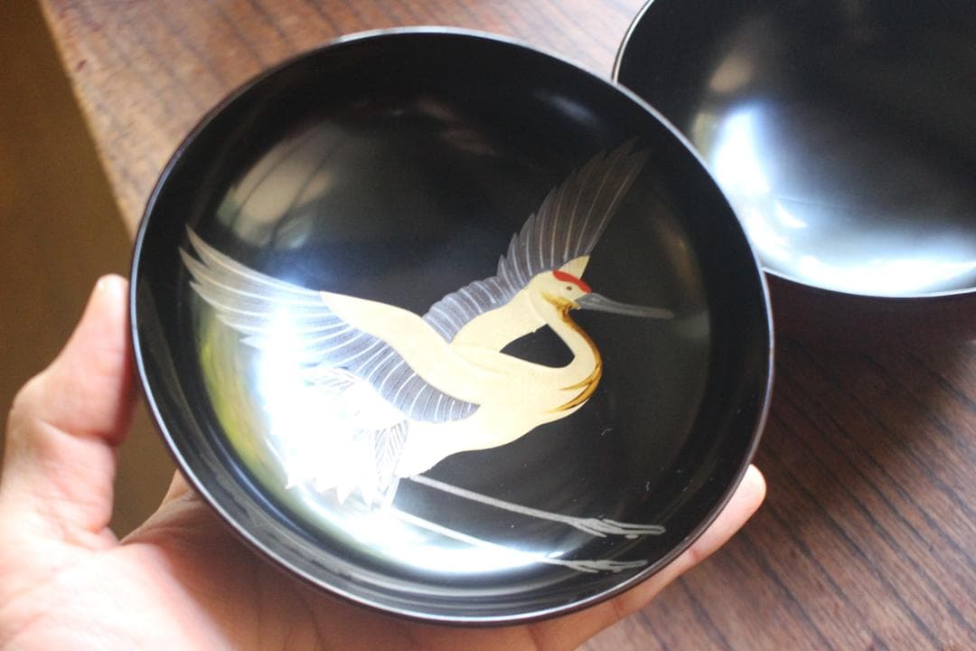 デッドストック！極上千筋糸目に優美な見返鶴蒔絵の煮物椀2点（検輪島塗蒔絵椀雑煮椀