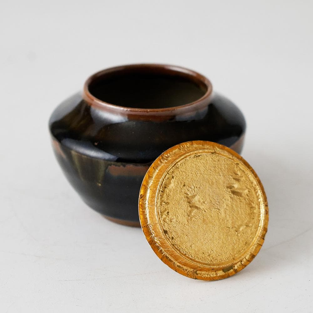 【名品】古瀬戸 茶入 糸切底 時代物 渋い鉄釉 景色抜群 仕覆 蓋付 茶道具合箱