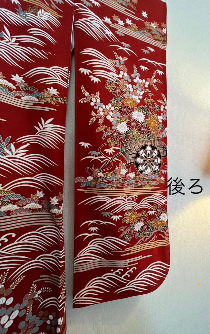 美品　ビッグサイズ　上正絹振袖　サビ朱色地花御所車