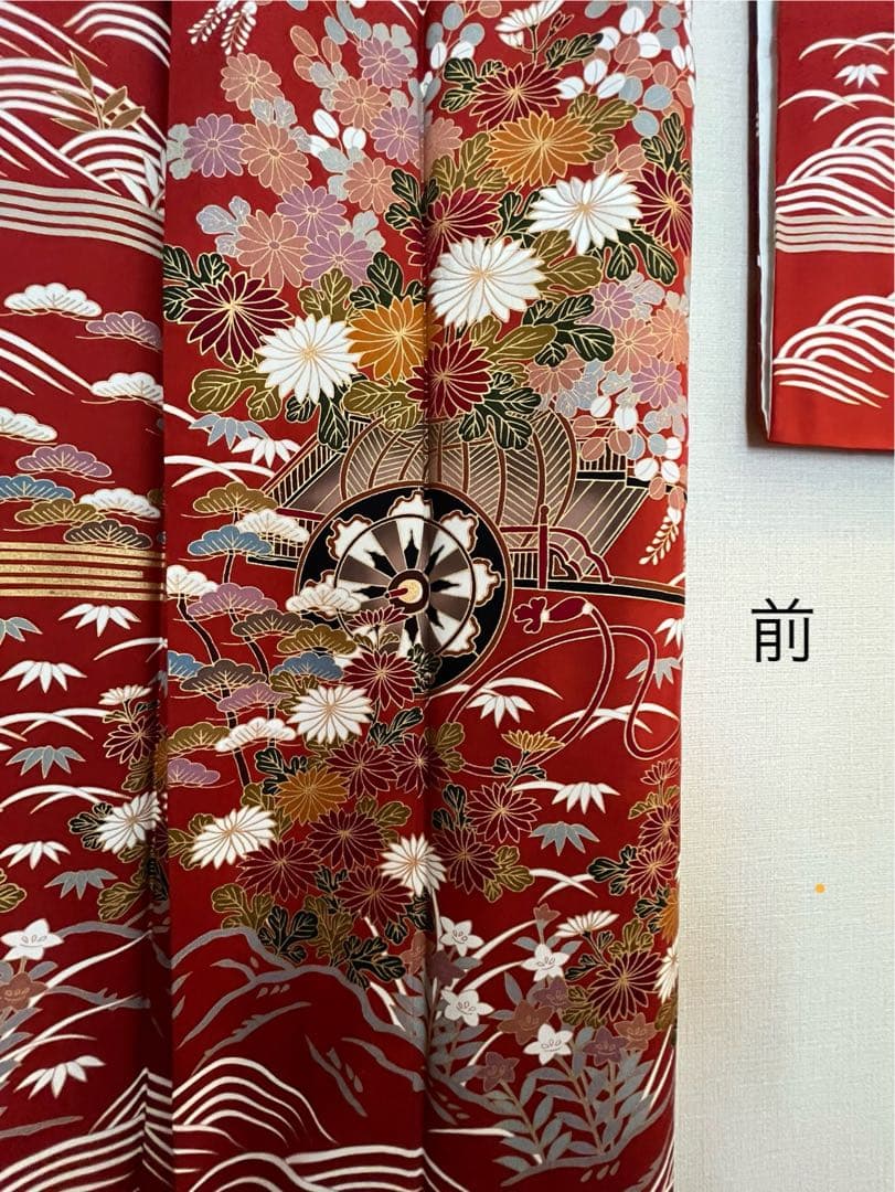 美品　ビッグサイズ　上正絹振袖　サビ朱色地花御所車