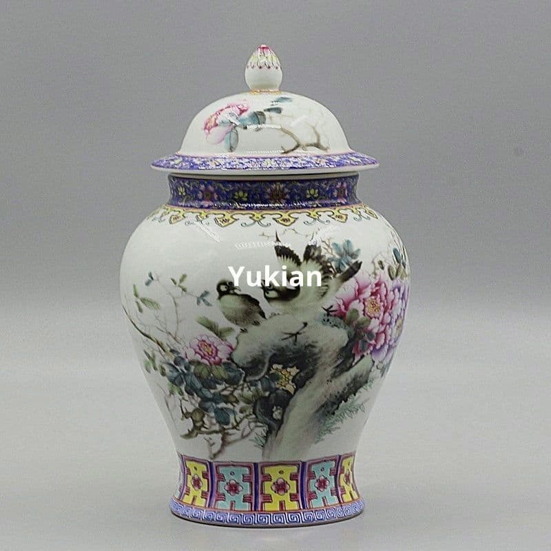 粉彩花開富貴将軍缶 陶磁器 現代工芸品 美術品 装飾品 置物