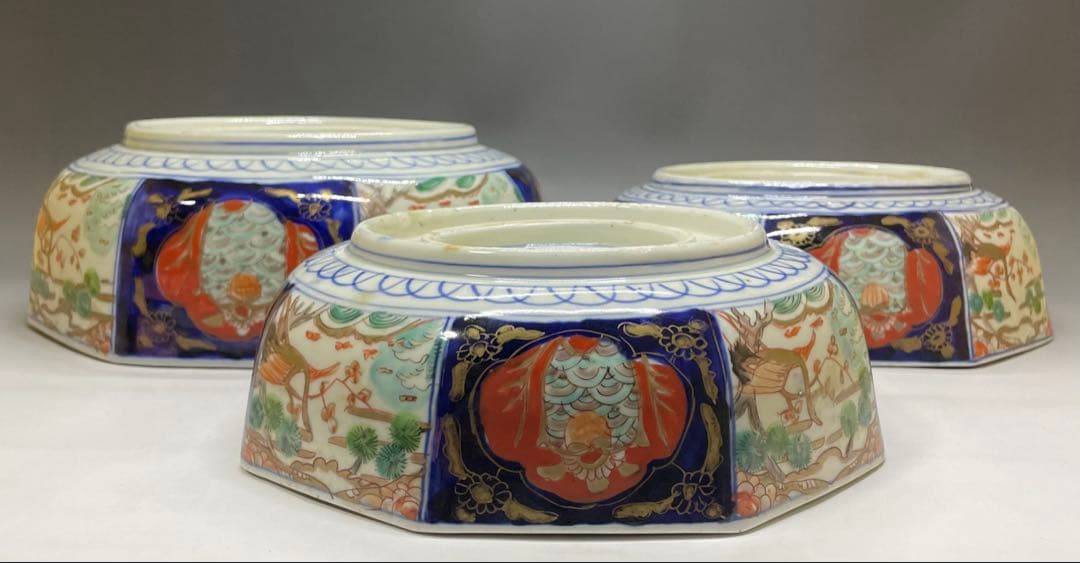 古伊万里　染錦　二重高台　三つ丼　鉢　飾り鉢　D132