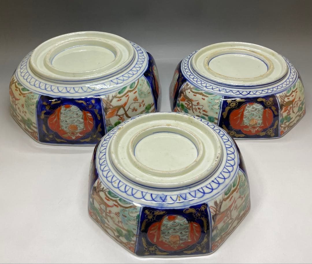 古伊万里　染錦　二重高台　三つ丼　鉢　飾り鉢　D132