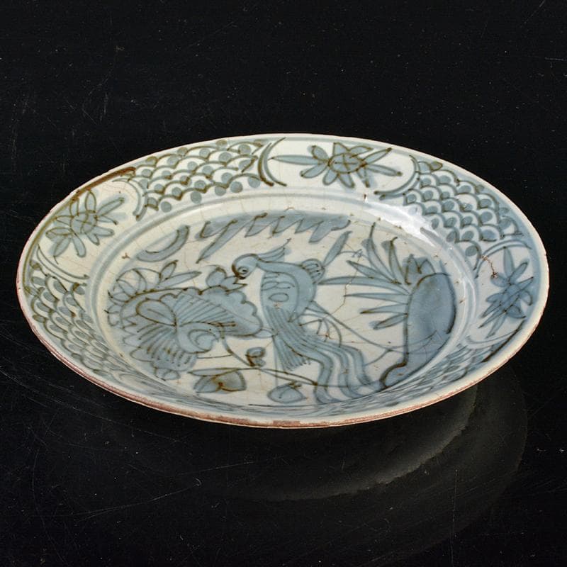 中国　古染付　青花芙蓉手　花鳥文盤　皿　C　R6823