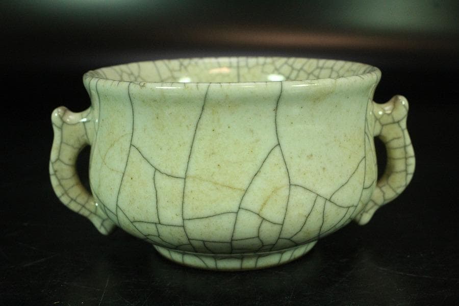 中国美術 哥釉 双耳 香炉(K-XA884)