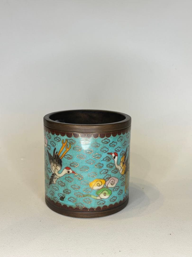 中国 清代 乾隆年制 底款 七宝焼き（景泰蓝）銅製香炉 骨董品 仙鶴と雲文装飾