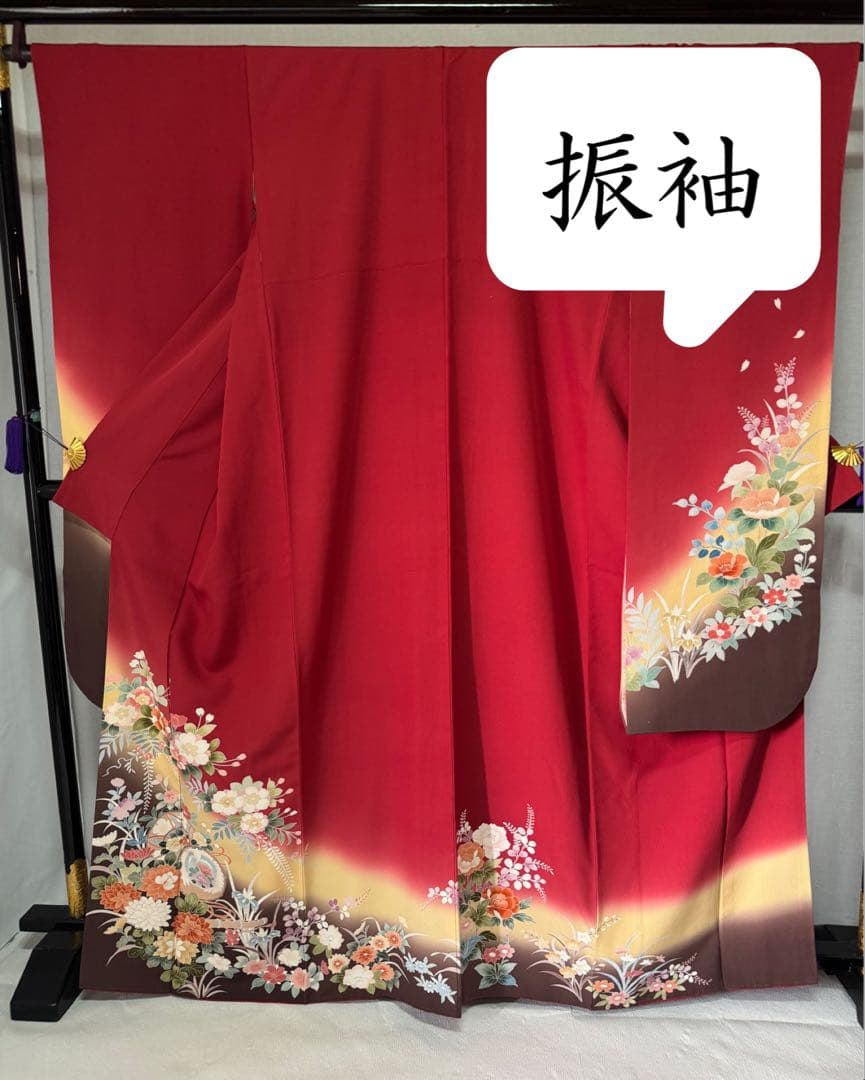 [美品] 振袖　本振袖　正絹　臙脂色　赤　礼装　成人式　卒業式　シンプル　高身長