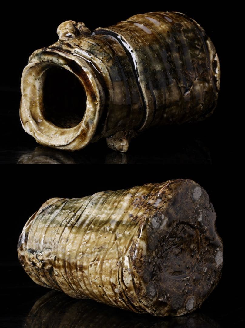 【塚本治彦】美濃伊賀花生 共箱 落款 略歴付 花器 花瓶 花入 壺 美濃 伊賀焼