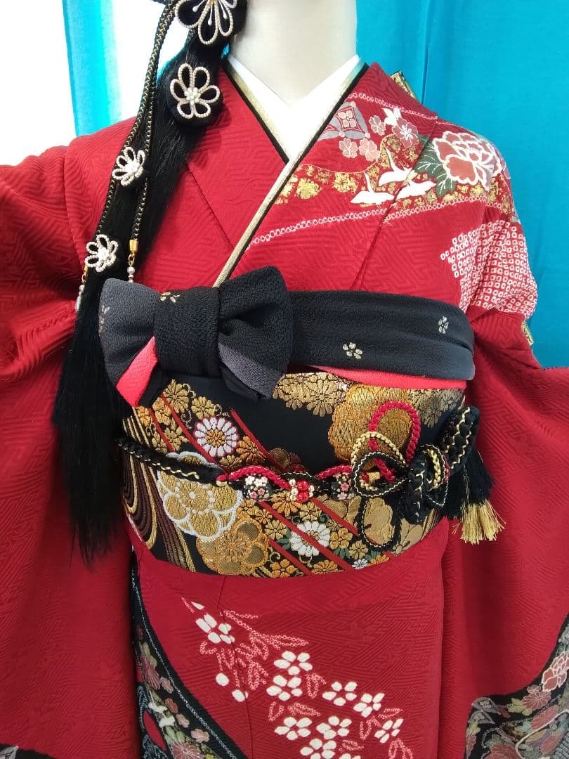 振袖フルセット、正絹絞り振袖成人式、重ね衿帯揚げ帯締め、西陣袋帯襦袢、ガード加工