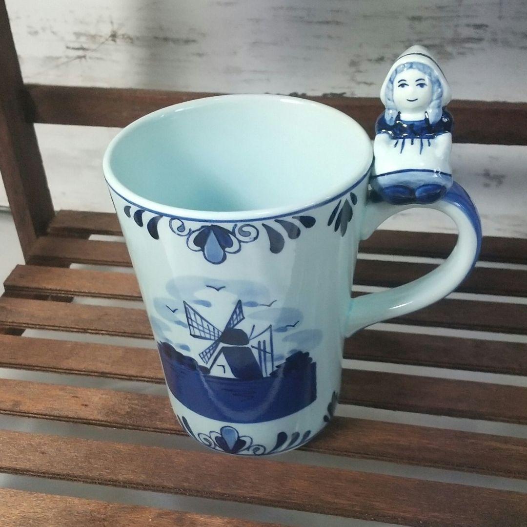 【ビンテージ レア】ブルー デルフト ブロー ハッピーレディハンドル マグカップ