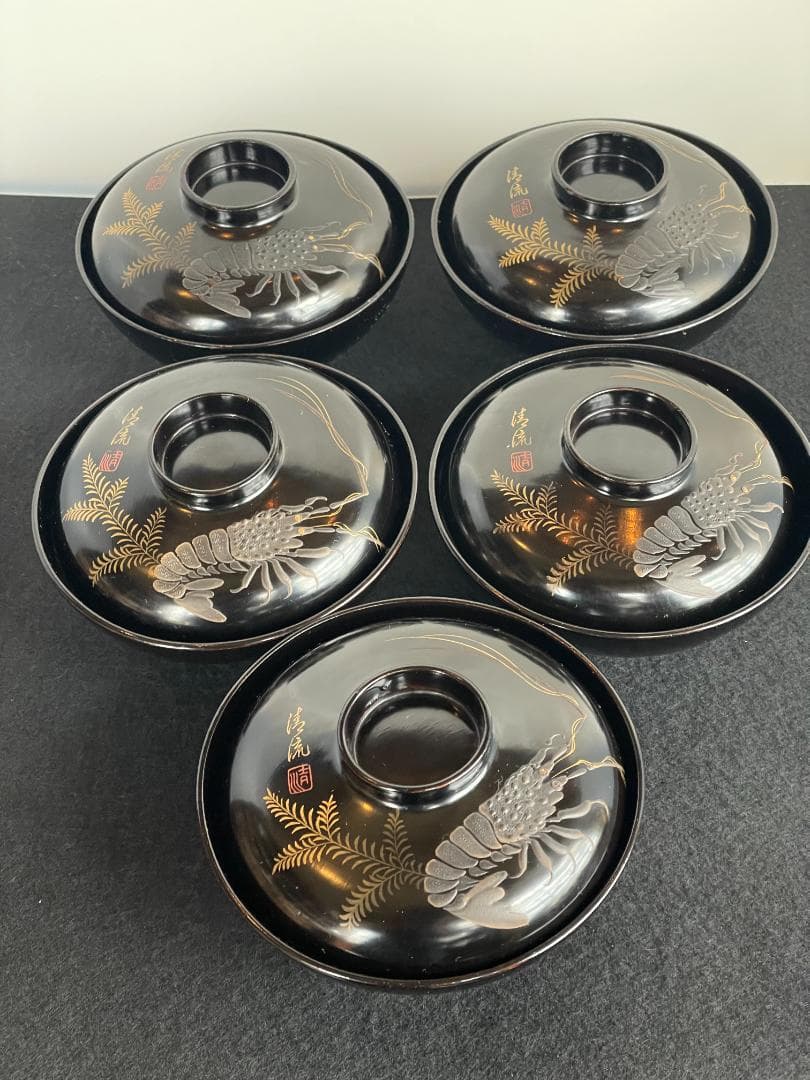 清流椀 吸物 雑煮 5客 黒 漆 海老 金彩 本金 磨き 蒔絵 骨董美品