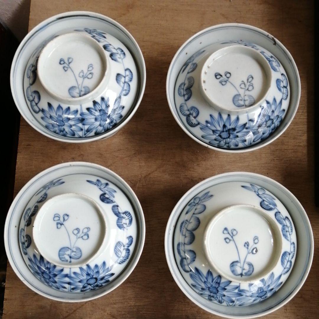 骨董　古伊万里　蓋茶碗　染め付け　茶碗　アンティーク　6客