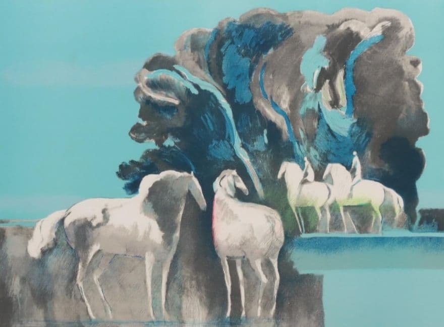 ポールギアマン／リトグラフ／水辺の馬　大型額装品　干支　午　馬