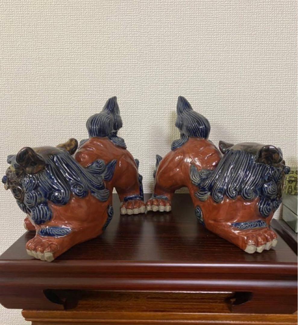 琉球 沖縄　壺屋焼赤絵　陶器獅子威嚇 魔除け　シーサ置物作家物 2點セット希少品
