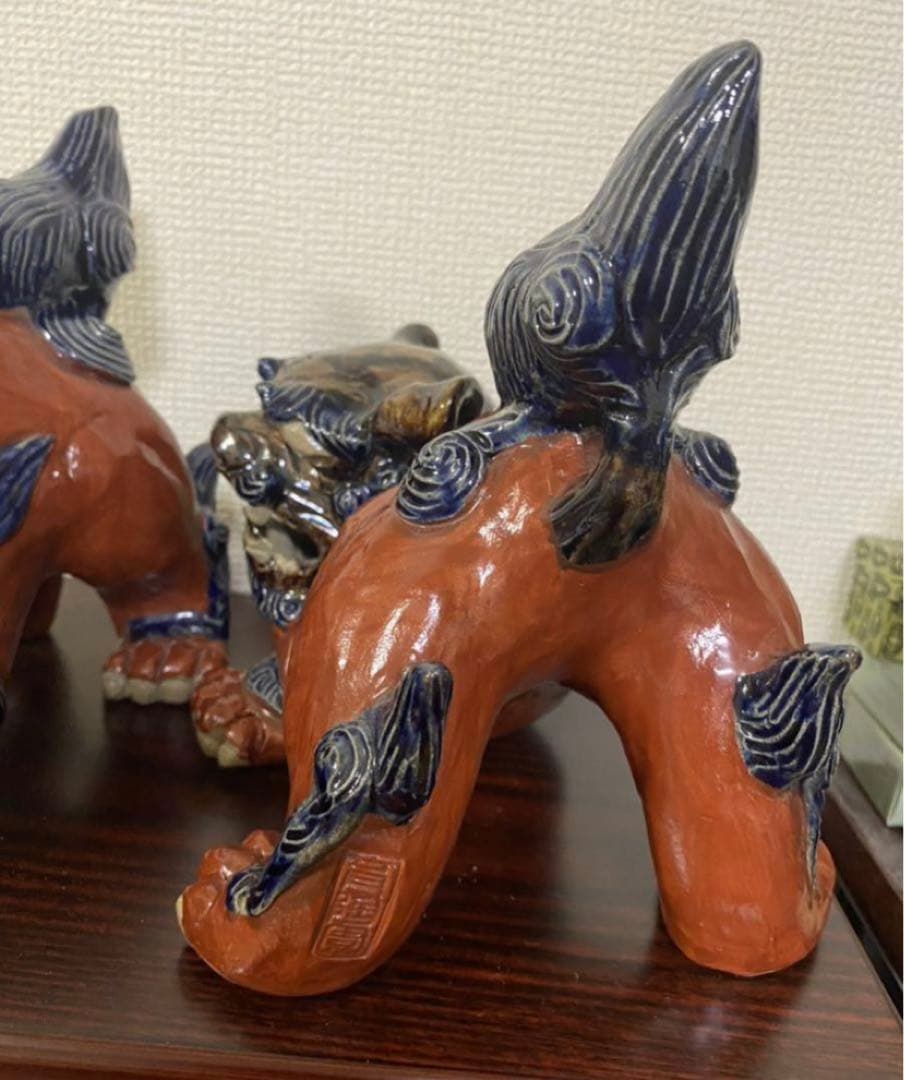 琉球 沖縄　壺屋焼赤絵　陶器獅子威嚇 魔除け　シーサ置物作家物 2點セット希少品