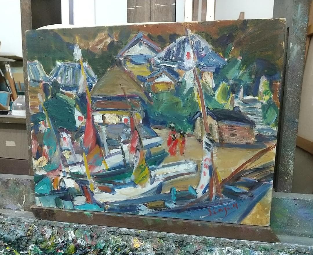 「正月の漁村」A 房州川津浜 F6 '68 油絵 絵画 油彩画 日の丸 国旗