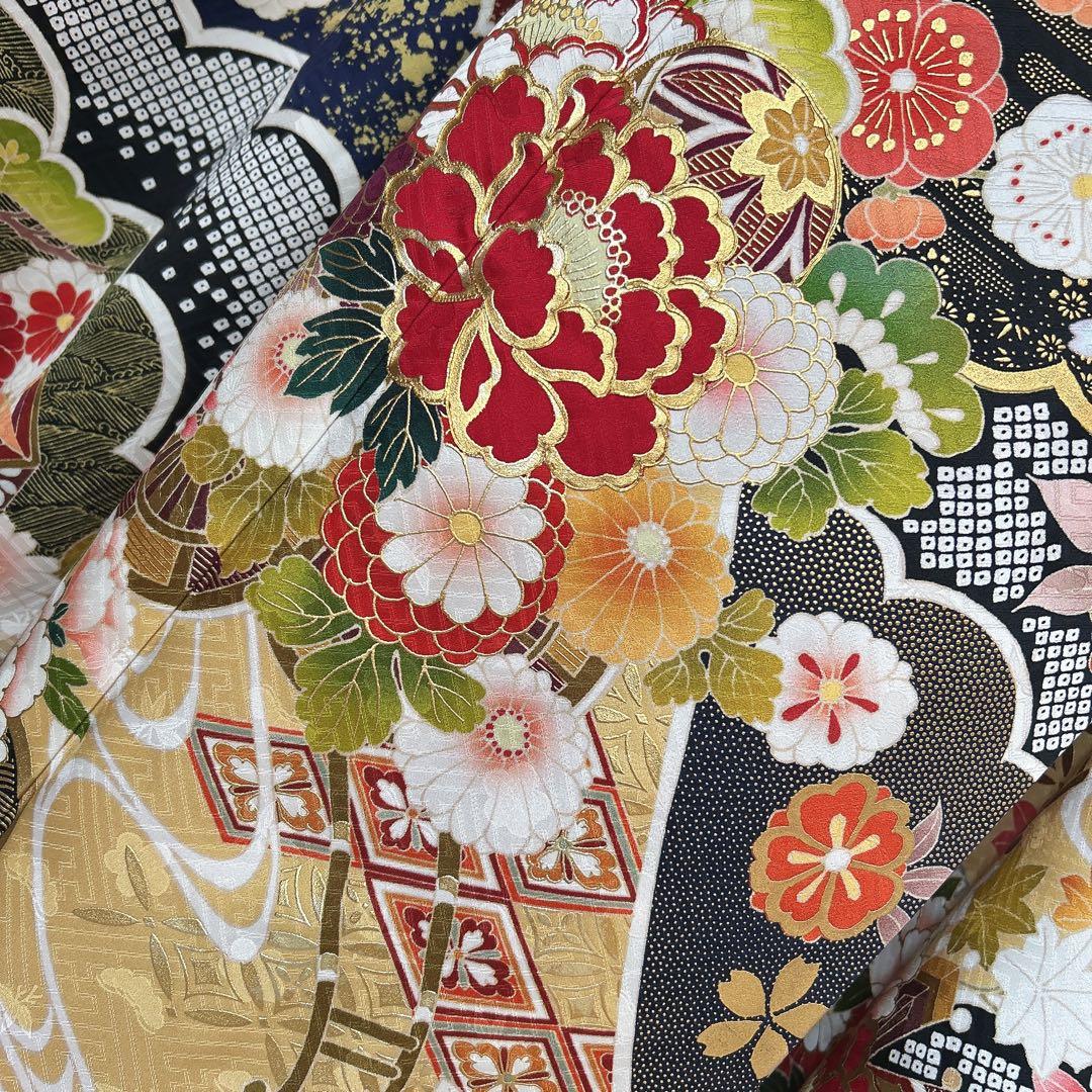 振袖　フルセット　華やか　古典柄　濃い青　豪華　金彩加工　成人式　二十歳
