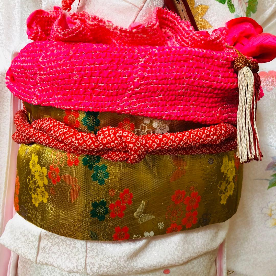 七五三七歳❣️四つ身着物未使用⭐︎白地に花々金彩煌びやか絢爛⭐︎完全フルセット銘品