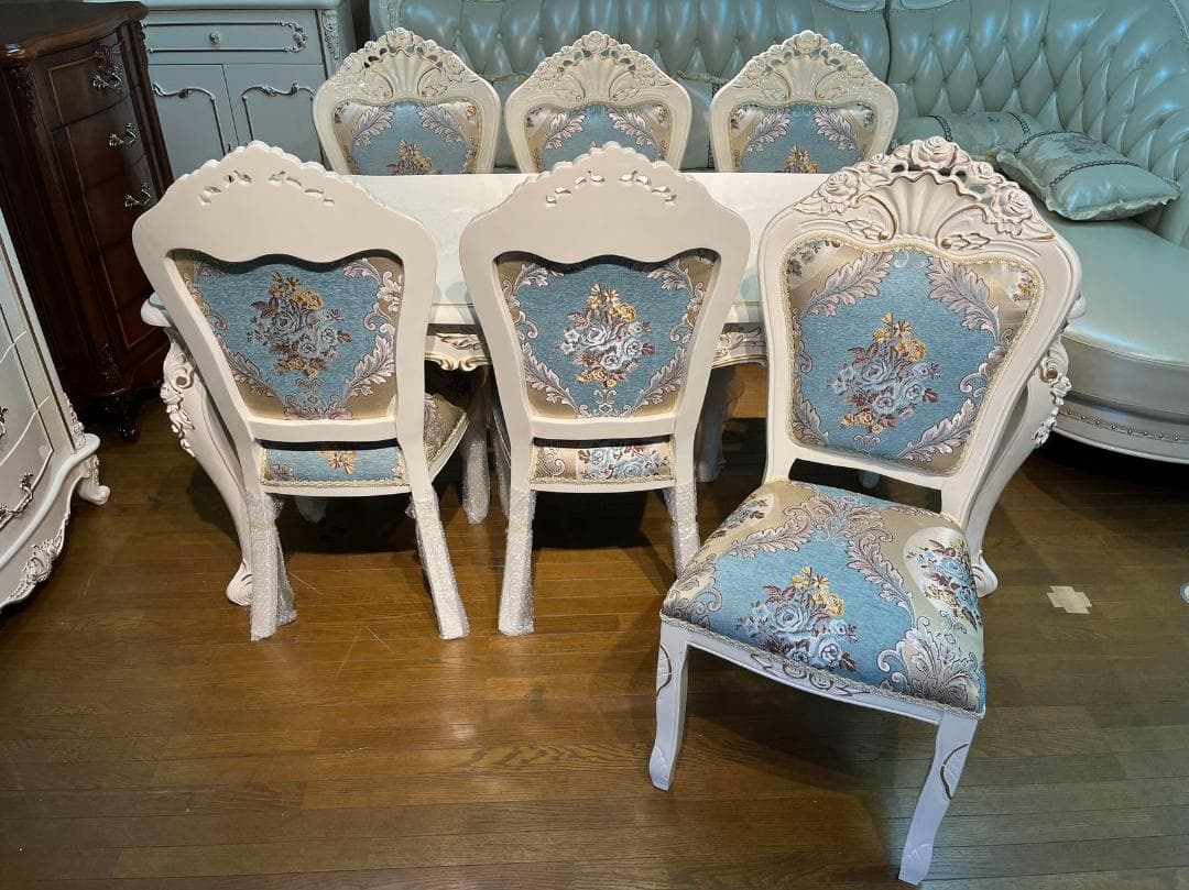 天然木超豪華 ロココ調 アンティーク風 ダイニングテーブルセット7点 机 猫脚