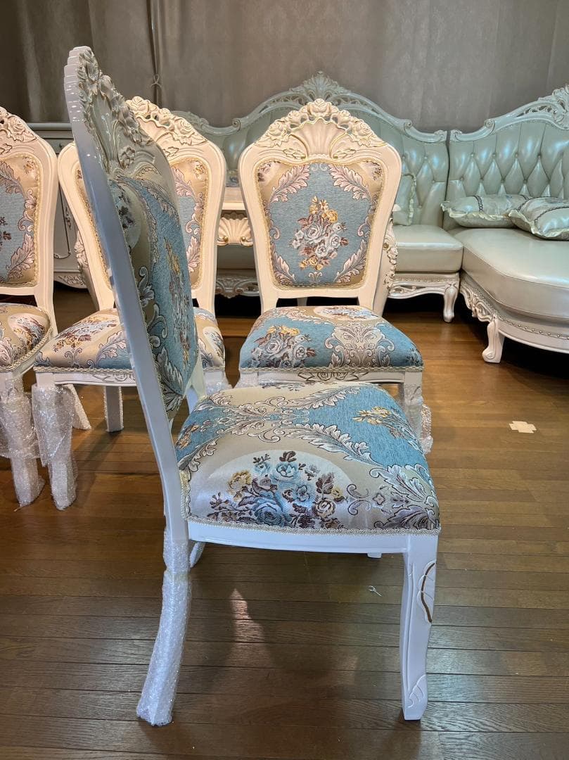 天然木超豪華 ロココ調 アンティーク風 ダイニングテーブルセット7点 机 猫脚