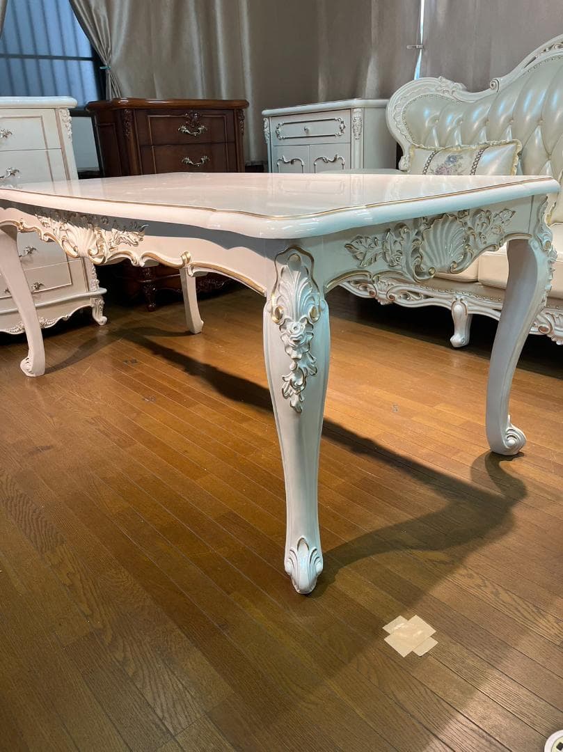 天然木超豪華 ロココ調 アンティーク風 ダイニングテーブルセット7点 机 猫脚