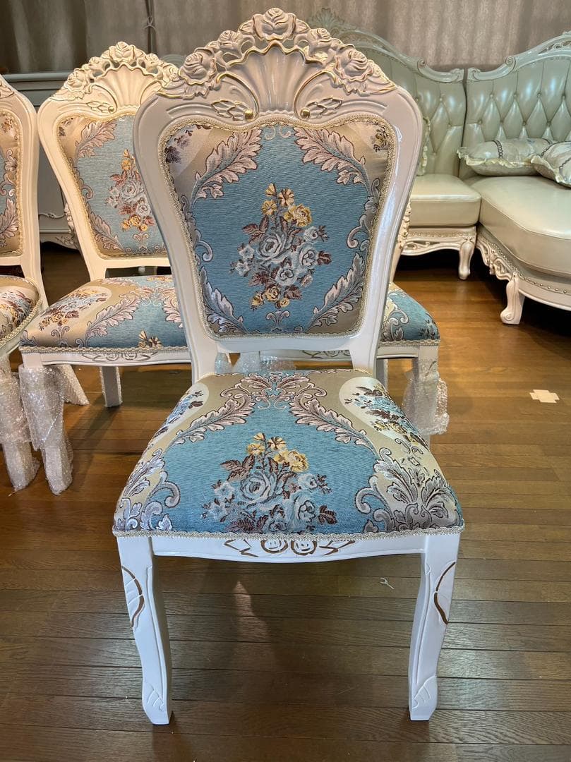 天然木超豪華 ロココ調 アンティーク風 ダイニングテーブルセット7点 机 猫脚