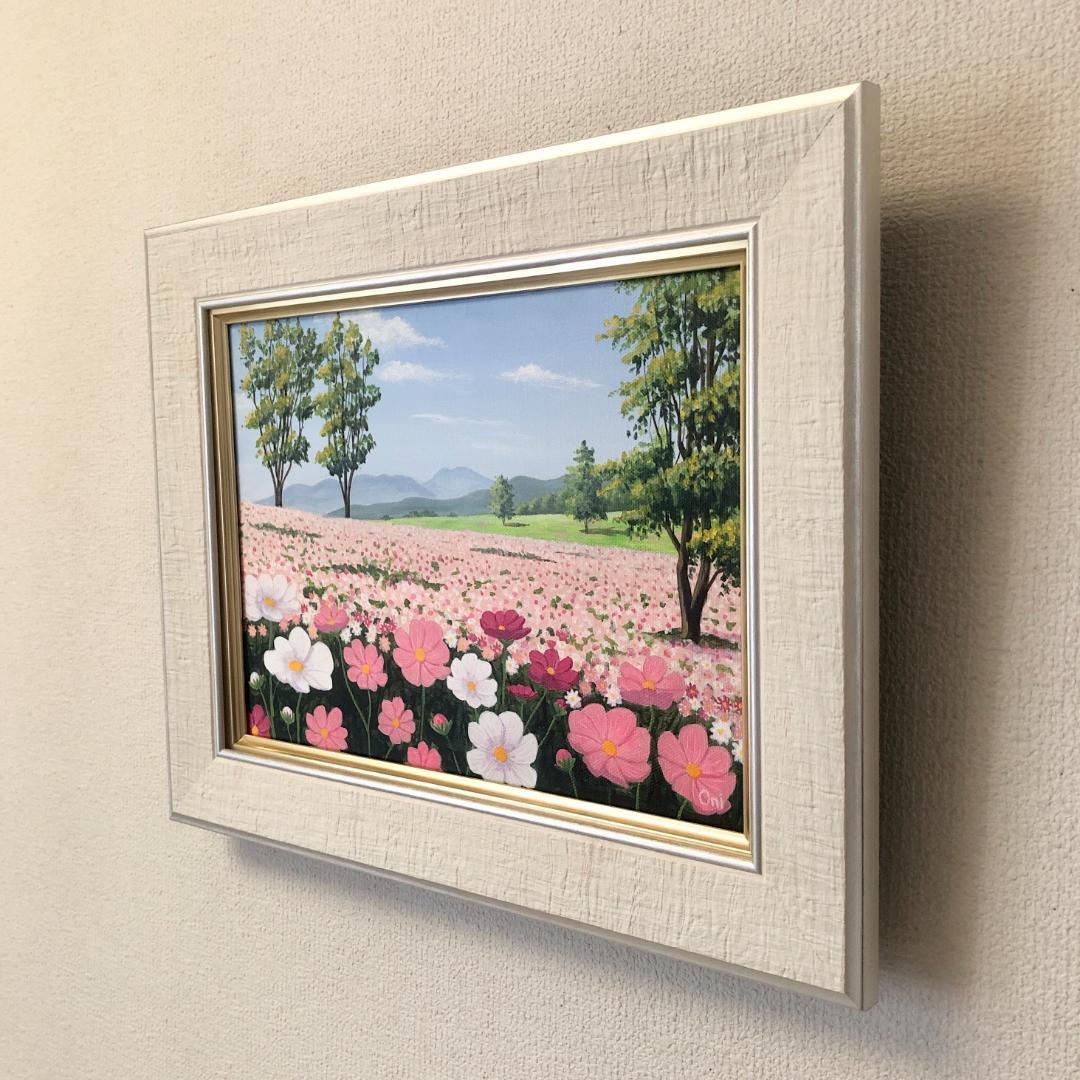 アクリル画　原画　「コスモスのフィールド05」額縁付　F4サイズ　キャンバス