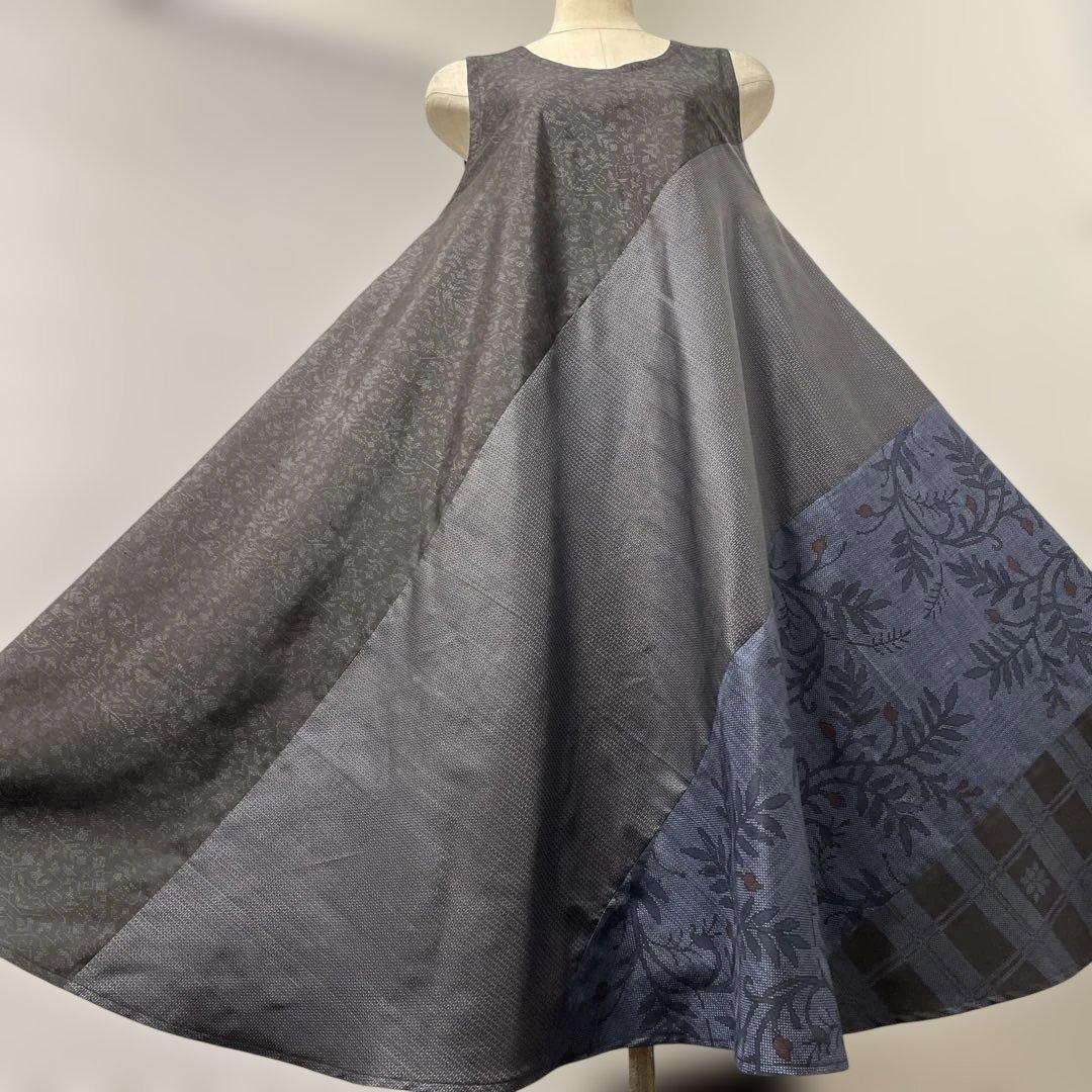 着物ワンピーステントラインロング丈《9》大島紬や紬等(7マルキ含)Mサイズくらい