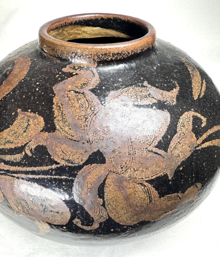 金～元時代・13～14世紀 「河南天目」 黒釉褐彩牡丹文大壷 WWTT131