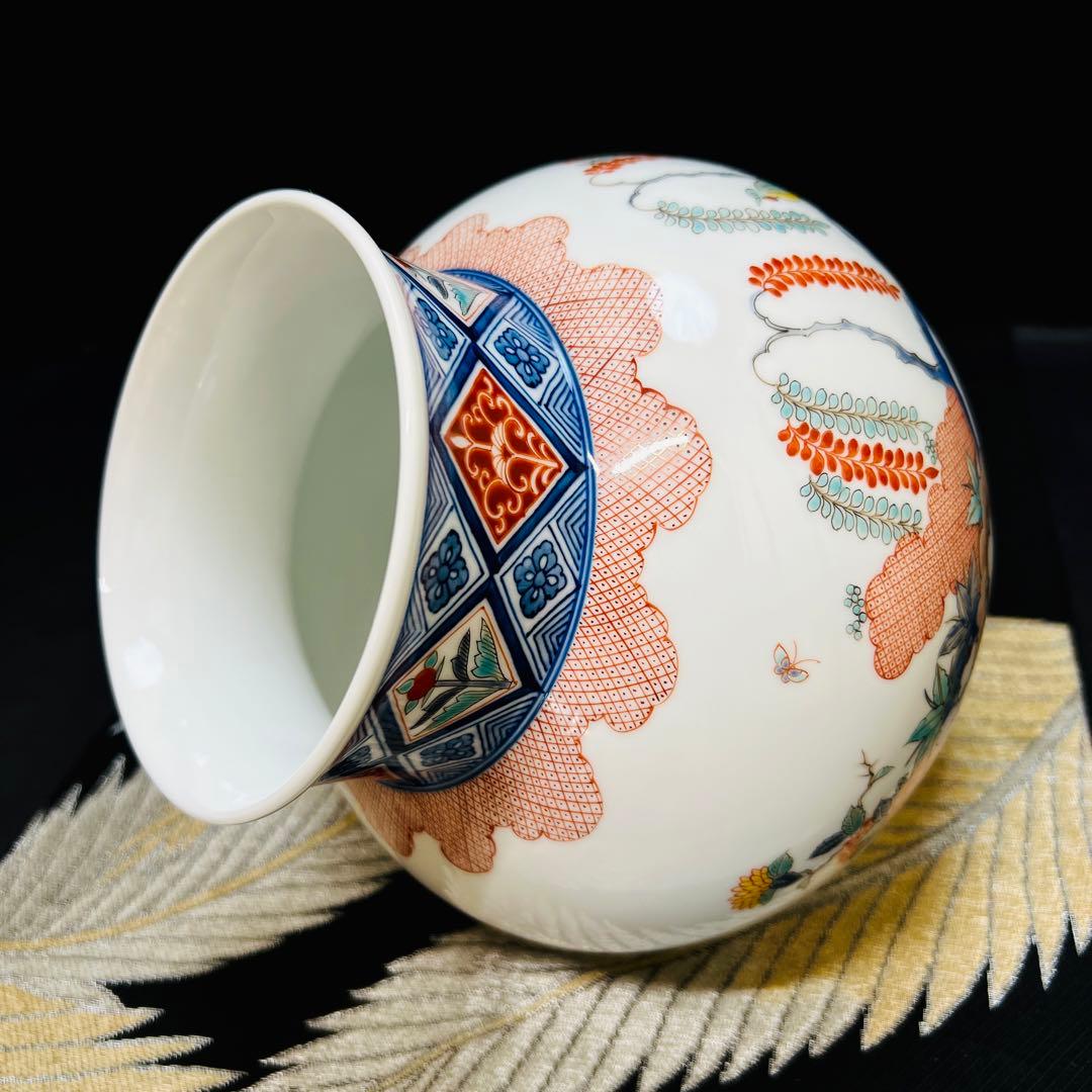 11代酒井田柿右衛門　人間国宝　染錦　花鳥図　大花瓶　二重渦福　角福　本物保証