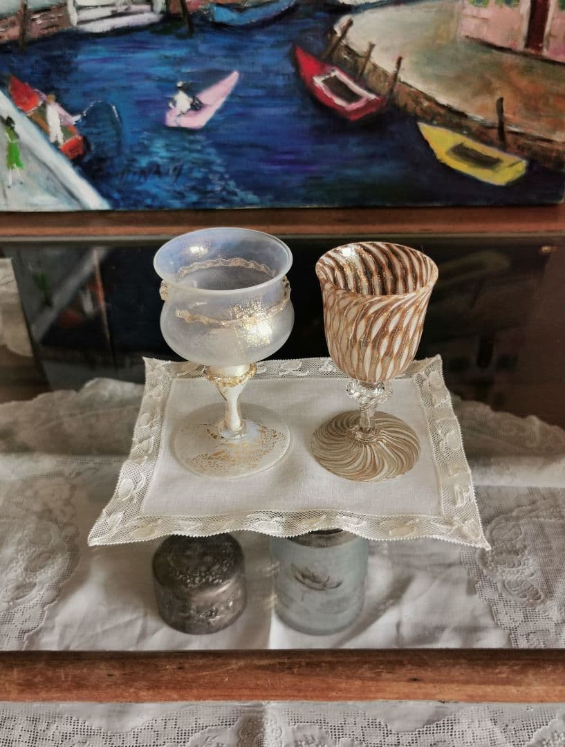 アンティーク カクテルグラス＆ゴブレット＆果実 手刺繍トリム 極薄クロス β