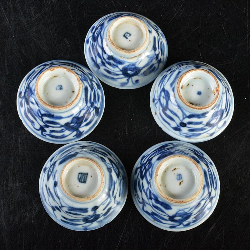 中国　青花　花文　煎茶碗　五客　時代箱付　M　R7281