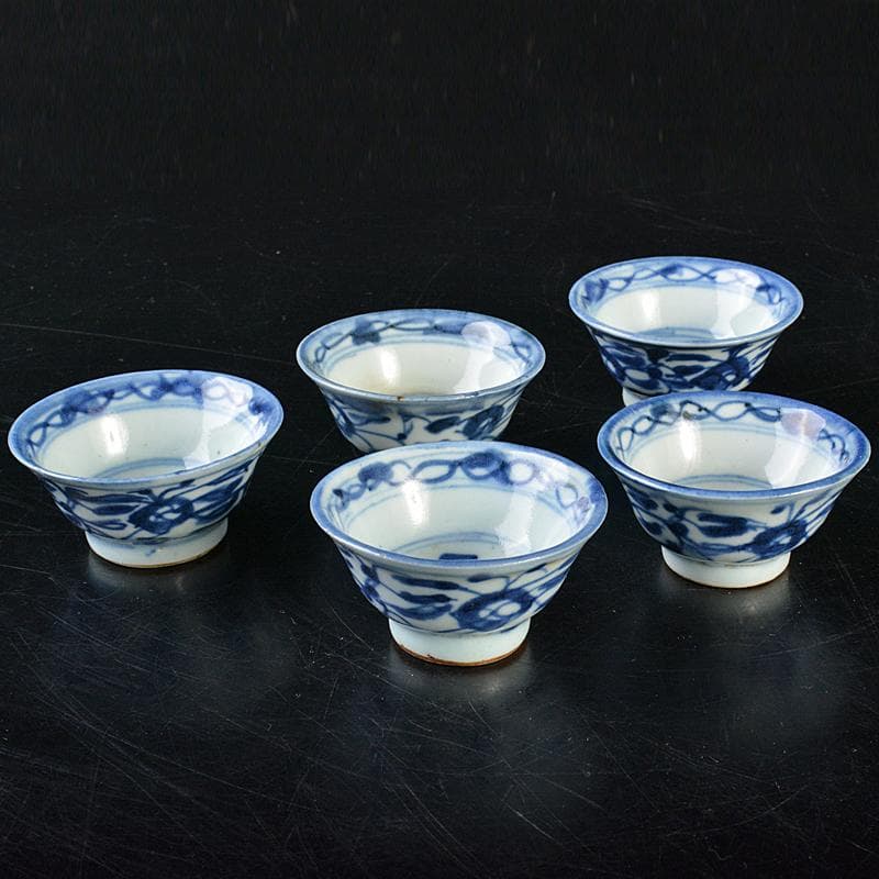 中国　青花　花文　煎茶碗　五客　時代箱付　M　R7281