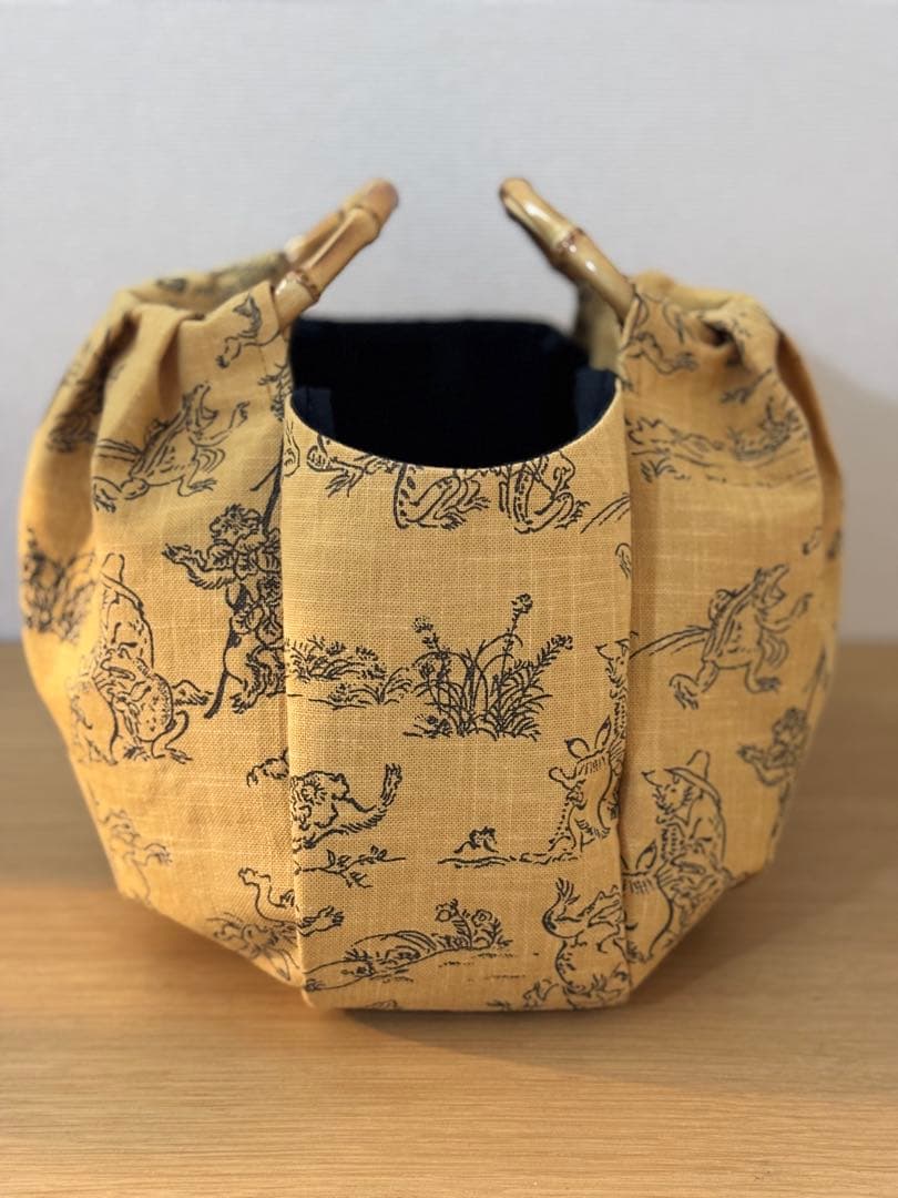 和装バック　着物バック　和柄コットン生地・鳥獣戯画（からし色）入学卒業結婚式振袖