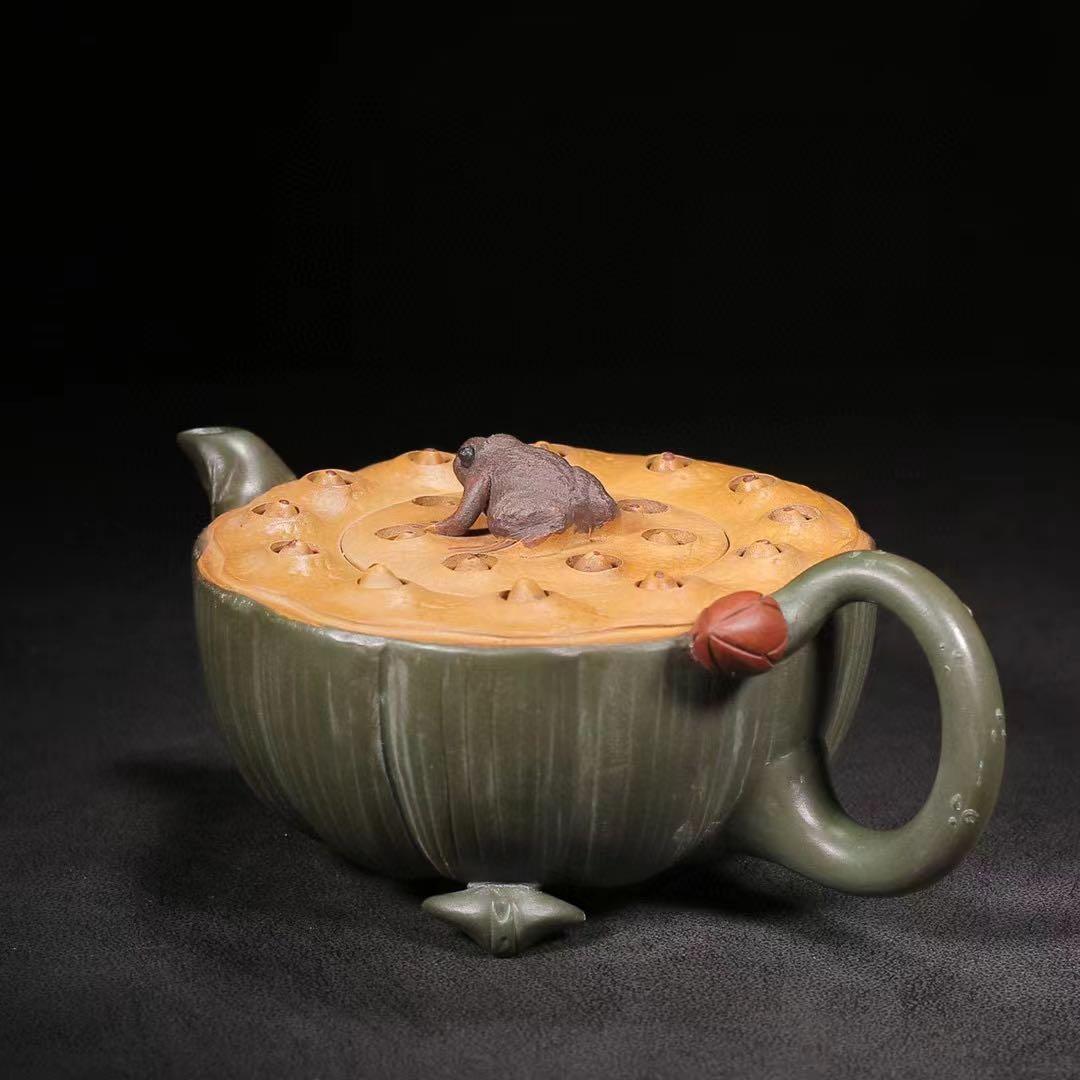 中国古美術・原鉱段泥 カエル蓮子壺 、底槽款:蒋蓉紋、紫砂壺・急須・茶道具