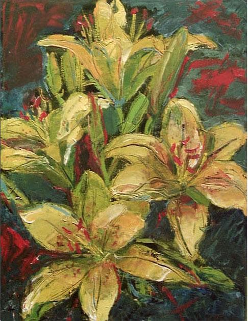 油絵 菅家令子 絵画インテリア 額付(青緑＋金色の枠)uF6-112102花ゆり