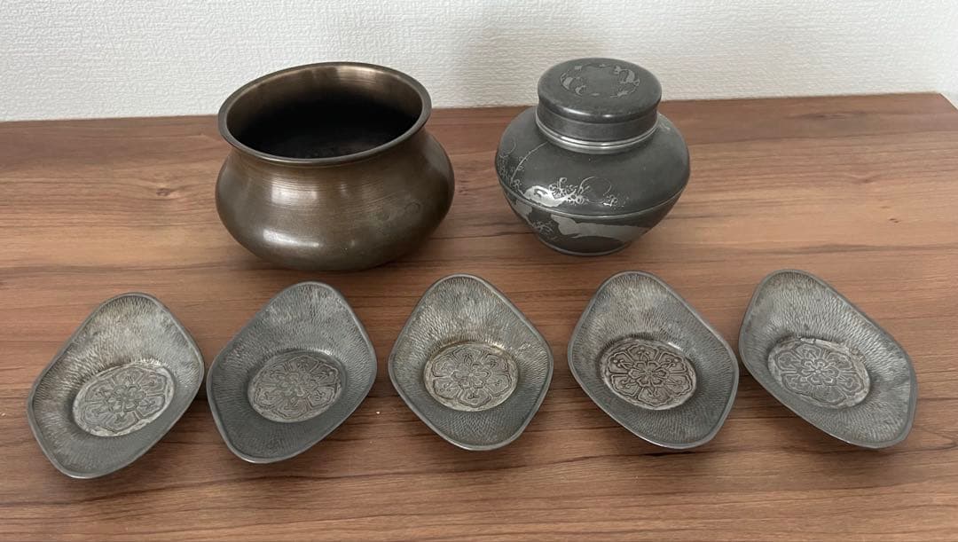 銅製 建水 茶こぼし・錫製茶入 美奈登製/錫茶托 5客セット 煎茶 茶道具