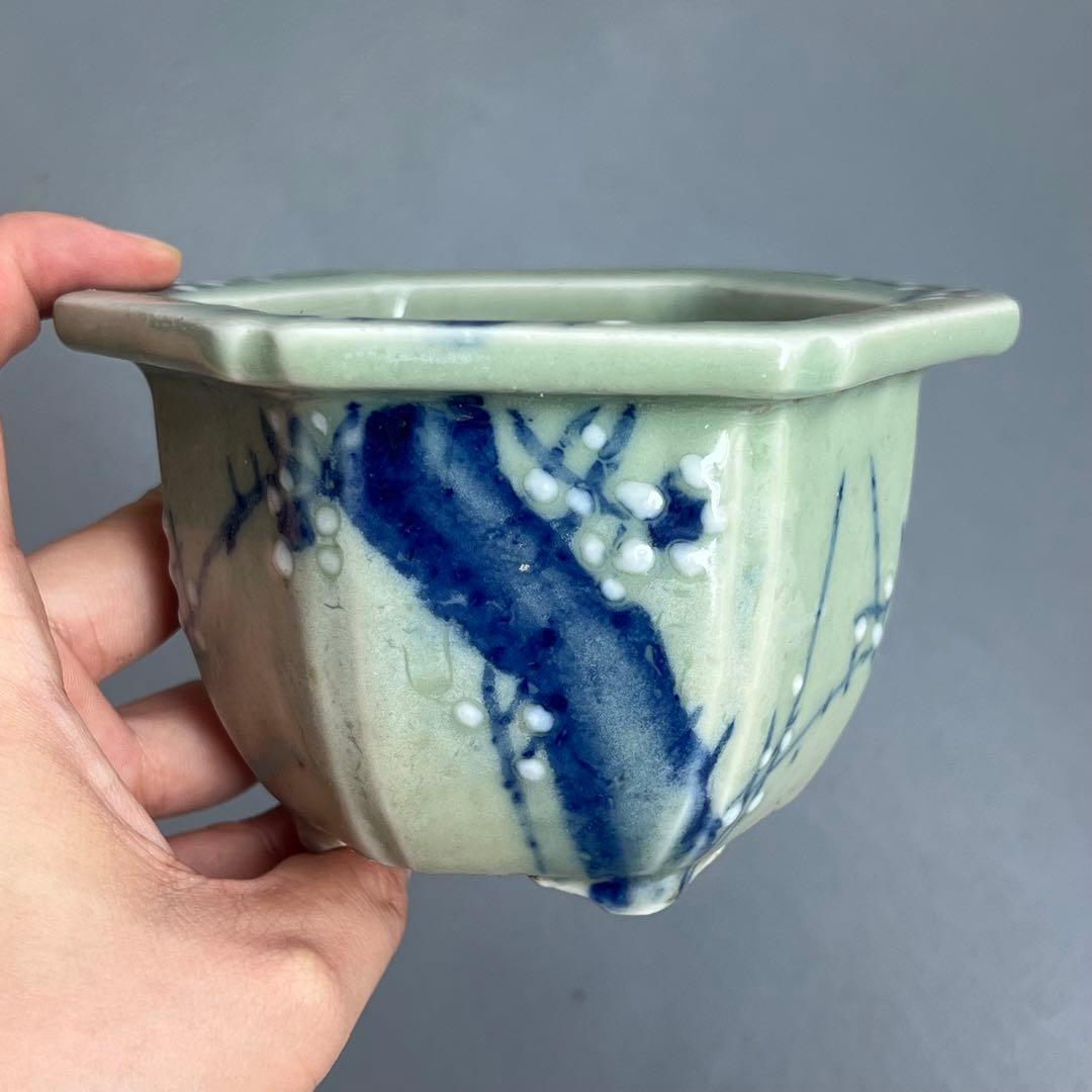 813.尾張焼 青瓷染付六角鉢 盆栽鉢 植木鉢 13.2*11.6*8.1cm