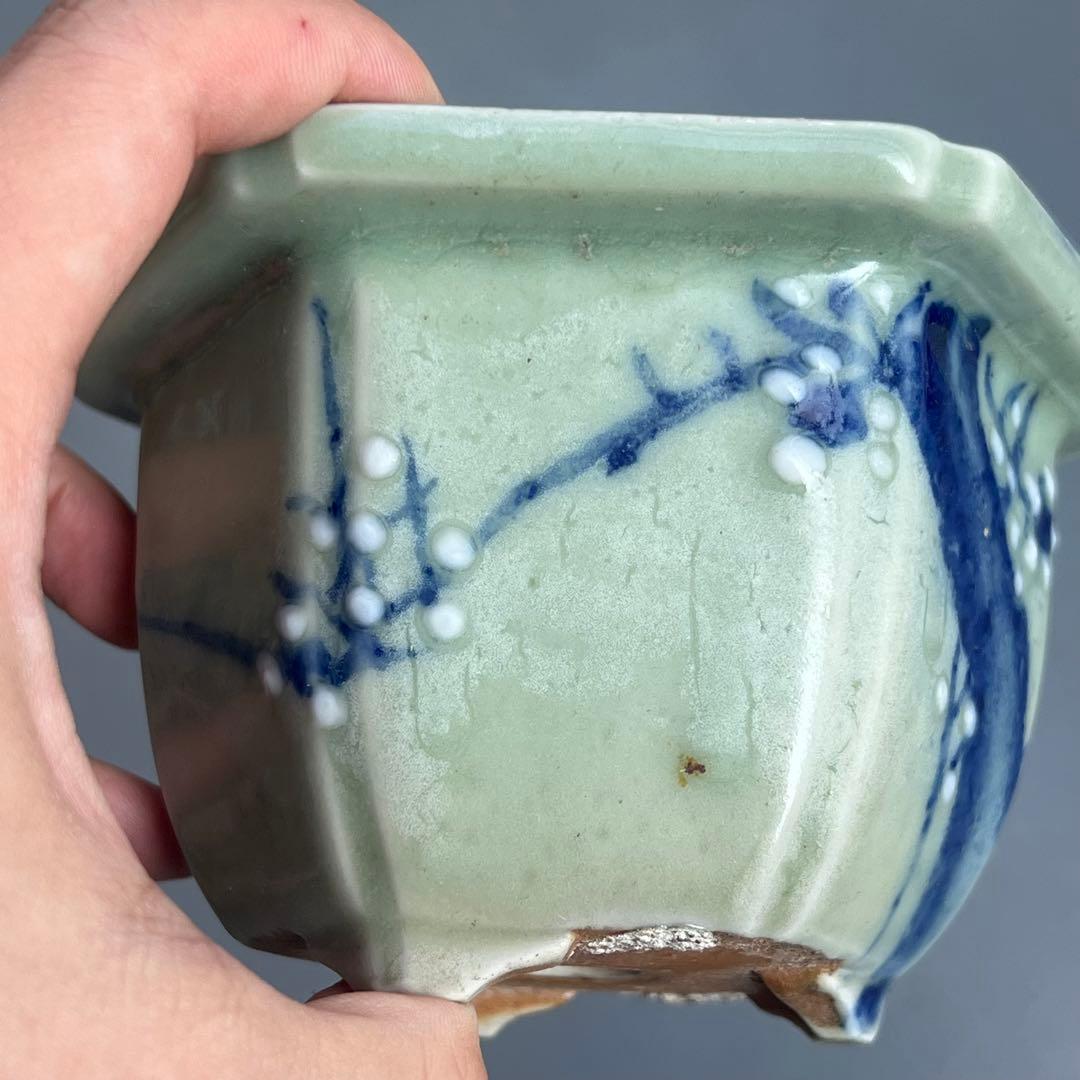 813.尾張焼 青瓷染付六角鉢 盆栽鉢 植木鉢 13.2*11.6*8.1cm